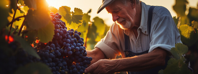 farmer grandfather collects ripe grapes grapes - obrazy, fototapety, plakaty