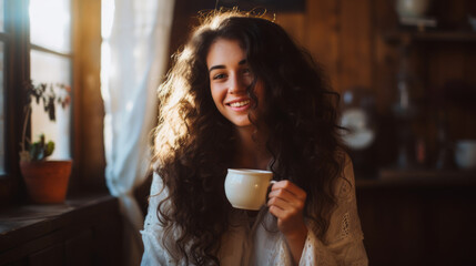 Portrait of joyful young woman enjoying a cup of coffee at home.