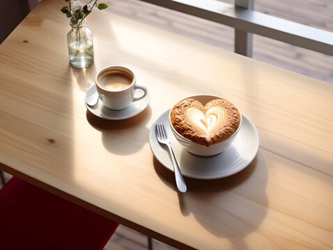 top view of coffee and dessert in the shape of a heart in the restaurant