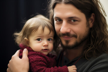 Father with long hair and beard poses with his son for a Father's Day portrait