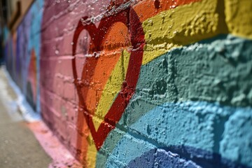 graffiti on the wall. heart painted on a rainbow brick wall