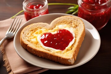 toast with jam in the shape of a heart. breakfast on valentine's day