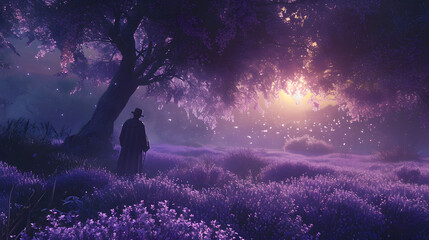 Enchanted Night in a Floral Bower of Lavender Bliss,chaotic, Angelcore, concept design, cow-boy shot, Motion graphics, 500px, Virtual reality, purple colors, surrealism, sun lighting, 