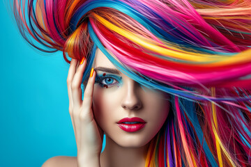 Fototapeta premium Fashion funny pink hair girl. Woman flipping colorful hair on bright background. Close-up of hippy young girl face. Pink hair style girl