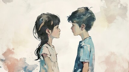Minimalist Illustration of Serene Connection Between Girl and Boy on Tranquil White Canvas