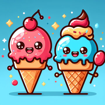 Illustration of cute kawaii ice cream characters. Cold dessert graphic design perfect for sticker, social media, print, poster, restaurant menu. Summer sweetness.