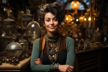 Female antique store owner with a collection of vintage treasures, Generative AI - obrazy, fototapety, plakaty