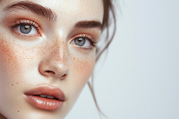 Beauty portrait of a woman with freckles, skin care portrait