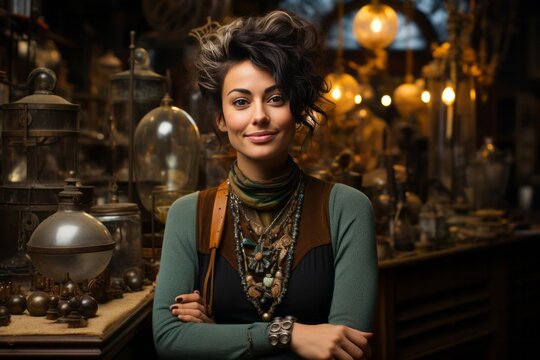 Female antique store owner with a collection of vintage treasures, Generative AI