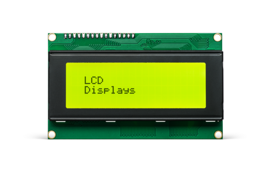 Small monochrome character LCD display isolated. LCD Displays text. Transparent PNG image.