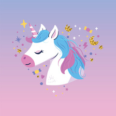 Obraz na płótnie Canvas Unicorn with glitter stars in heart. Magical unicorn vector illustration with glitter. Valentine's day. Vector characters for birthday, invitation, baby shower card, kids t-shirts and stickers