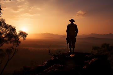 As the sun rises on ANZAC Day, soldiers' silhouettes grace the mountaintop - a powerful tribute to those who served and sacrificed. In this moment, we honor their bravery and remember with gratitude.