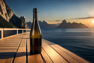 Fotobehang wine bottle advertising template , lake landscape background , no label © eric