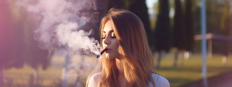 a girl smokes a fruity electronic cigarette without nicotine