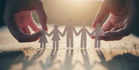 Unity and togetherness - hands holding a paper cutout of a family symbolizing unity, love and support - obrazy, fototapety, plakaty