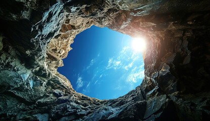 Looking Beyond: Earth as seen from a mysterious cave, a conceptual piece of art illustrating nature and space - obrazy, fototapety, plakaty