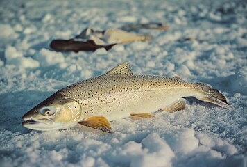 Close-up of a beautiful fish lying on the snowy ground, capturing the intricate patterns and colors of its skin