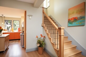 modern staircase within a tudor home leading to annex - obrazy, fototapety, plakaty