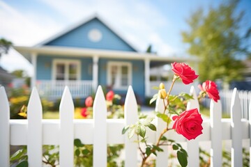 white cottage with a picket fence and climbing roses