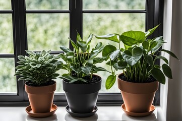 Sunny windowsill adorned with vibrant potted houseplants, a natural touch to brighten your space with greenery and warmth.