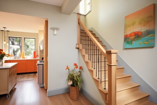 modern staircase within a tudor home leading to annex