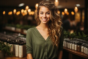 Fototapeta premium Female eco-friendly product store owner with her eco-conscious products, Generative AI 