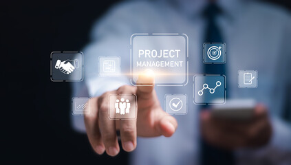 Project management concept. Businessman touch virtual screen of business project, Management of work improvement projects and progress in planning business strategies.