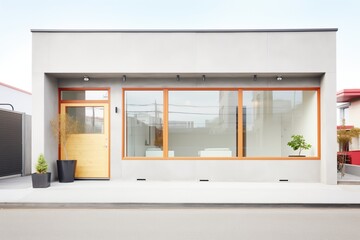 minimalist home facade with glass panels and concrete finish