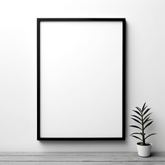 Fototapeta na wymiar empty black wooden frame filled with white matte board hanging on blank wall created with Generative Ai