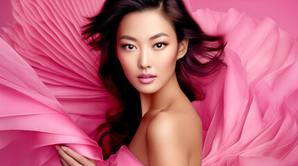 Naklejka premium close-up of an Asian woman in a pink dress, flowing salmon-colored silk, stunning beauty