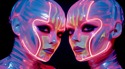couple of dancers in a nightclub in neon cybernetic suits, glowing outfits