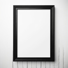 empty black wooden frame filled with white matte board hanging on blank wall created with Generative Ai