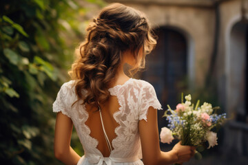 Celestial Romance: Curled Hair, White Gown, and Floral Aura