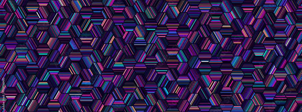 Poster seamless geometric pattern with colorful hexagonal holographic purple blue neon lines. dark hexagona
