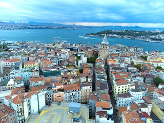 Drone view of the Galata Tower, historical center of Istanbul, Bosphorus and Golden Horn. Urban landscapes of Istanbul, Turkey.