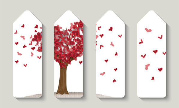 Bookmarks. Modern creative design, background with a love tree with heart leaves. Bookstore label or flyer. Vector illustration.