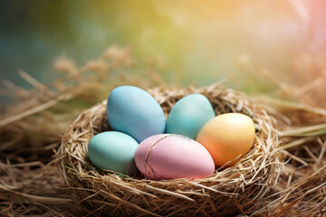 Naklejka na ściany i meble Colorful easter eggs in a bird's nest made of hay. Soft natural bokeh background