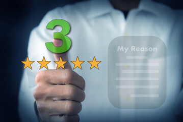 Businessman gives a thumbs up Express your satisfaction  by giving 3 stars and giving reasons for your rating. for development Make your business successful with the concept of developing services.