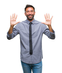 Adult hispanic business man over isolated background showing and pointing up with fingers number ten while smiling confident and happy.