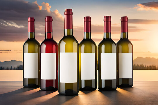 multiple blank labeled wine bottles display , wine bottle mockup