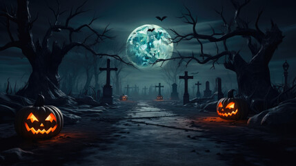 Mystical Graveyard: Dead Trees and Haunting Pumpkin Glow
