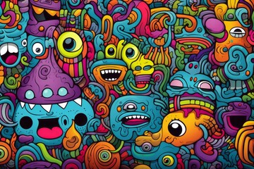 Cartoon cute doodles featuring intricate and surreal patterns, forming a captivating and detailed seamless design, Generative AI