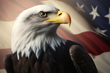A majestic bald eagle perched, gazing at the flag