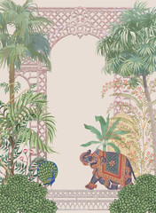 Mughal garden with decorative elephant, peacock, arch illustration