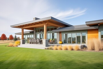 Fototapeta na wymiar modern prairie house, sleek design, central chimney, green grass around