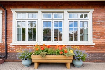 saltbox brick home with flower boxes under windows