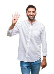 Adult hispanic man over isolated background showing and pointing up with fingers number four while smiling confident and happy.