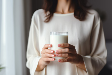 Young woman drinks calciumrich milk for strong bones.