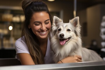 Female pet boutique owner pampering a furry customer, Generative AI