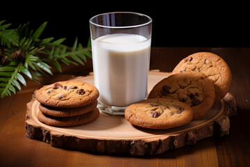Milk and cookies on wooden background
